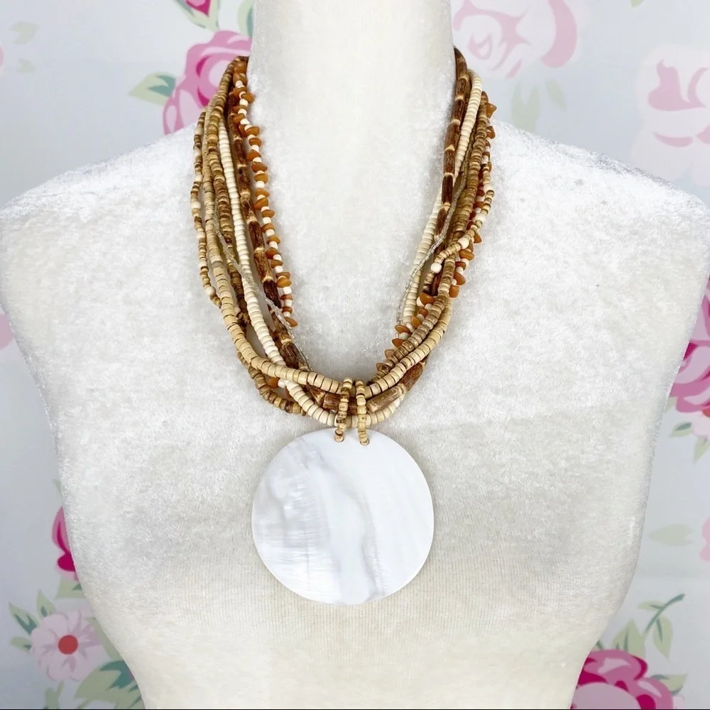 Bohemian Boho Wooden Shell Statement Necklace
